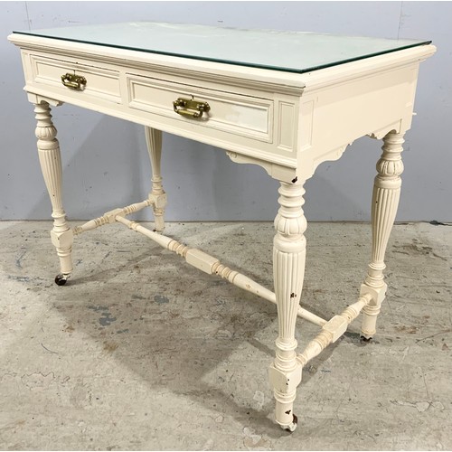 769 - PAINTED HALL TABLE, 92 CM WITH TWO DRAWS & CASTORS