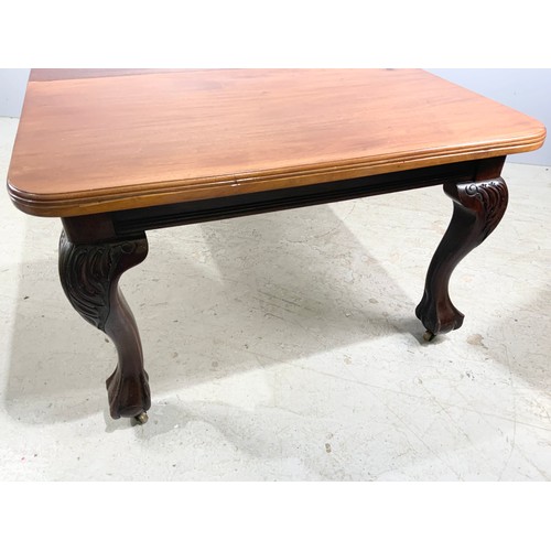 772 - MAHOGANY WIND OUT DINING TABLE WITH ONE LEAF ON THICK  CABRIOLE LEG & BALL & CLAW FEET  184cm EXTEND... 