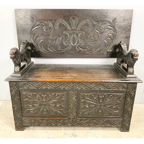 762 - CARVED OAK MONKS BENCH/ SETTLE WIDTH 107cm