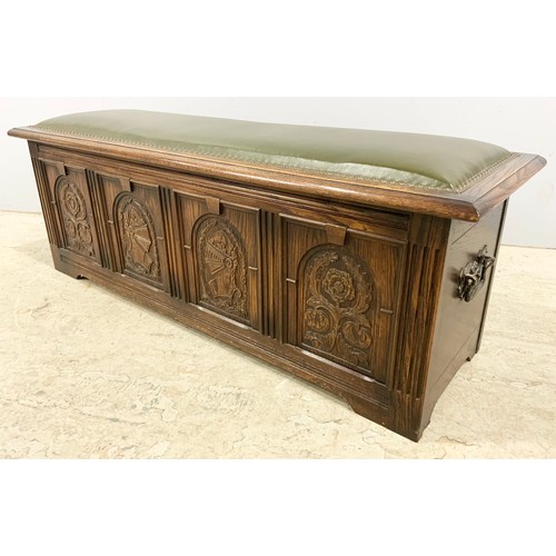 726 - LEATHER TOPPED CARVED OAK BLANKET BOX / COFFER 142cm LONG