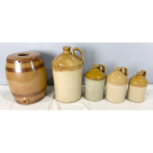 308 - 1 SALT GLAZE FLAGGON, 1 LARGE, 1 MIDDLE, 1 SMALL AND BARREL WITH TAP INSIDE