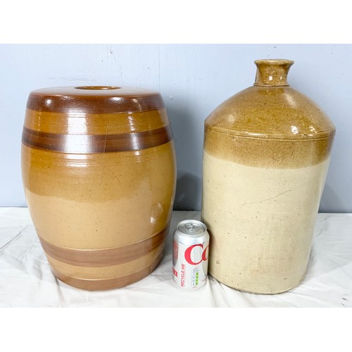 308 - 1 SALT GLAZE FLAGGON, 1 LARGE, 1 MIDDLE, 1 SMALL AND BARREL WITH TAP INSIDE