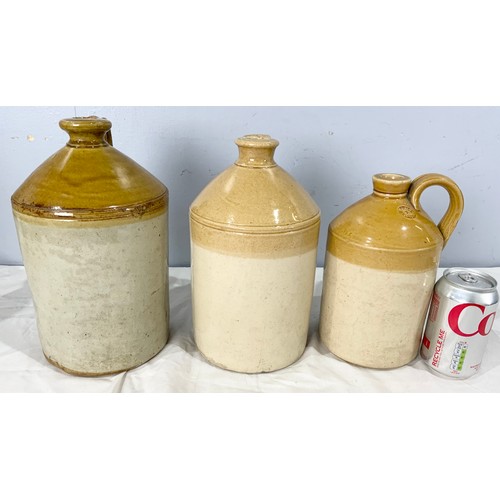 308 - 1 SALT GLAZE FLAGGON, 1 LARGE, 1 MIDDLE, 1 SMALL AND BARREL WITH TAP INSIDE