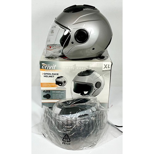 520 - CRIVET SPORTS OPEN FACE HELMET IN ORIGINAL BOX, ECE-R 22-05, XL. WITH TAG. SILVER/GREY