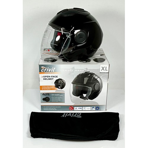 521 - CRIVIT SPORTS OPEN FACE FACE HELMET WITH TAG, ECE-R 22.05 XL BLACK