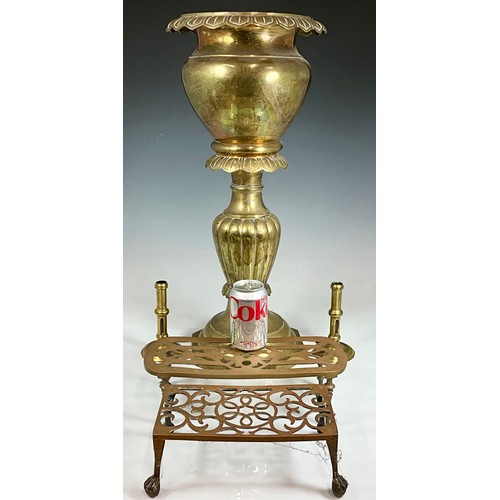 375 - BRASS CANDLESTICKS, TRIVETS AND JARDINIERE ON STAND