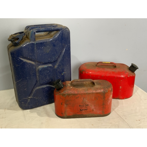 661 - JERRY CAN MARKED WD 1952 WITH CROWS FOOT, PLUS TWO NEVER STOP PETROL CANS