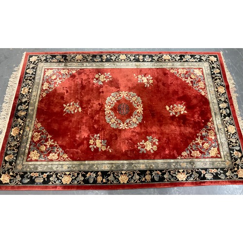 806 - CHINESE KAYAM RED GROUND RUG SILK PILE RUG, APPROX. 274 X 183 cm