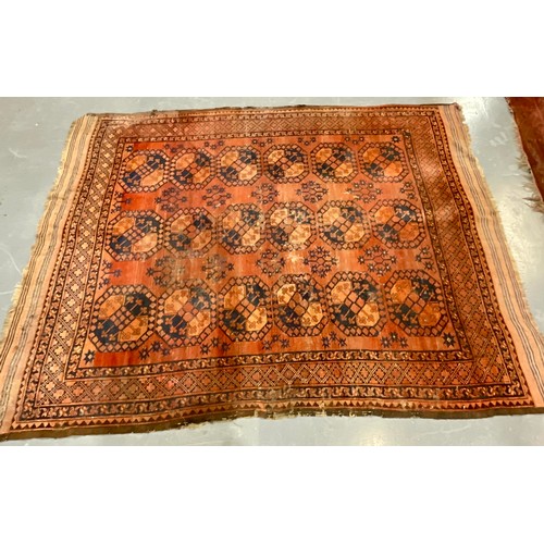 805 - LARGE AFGHAN BASHIR RED GROUND RUG, WELL WORN, APPROX. 344 X 260 cm