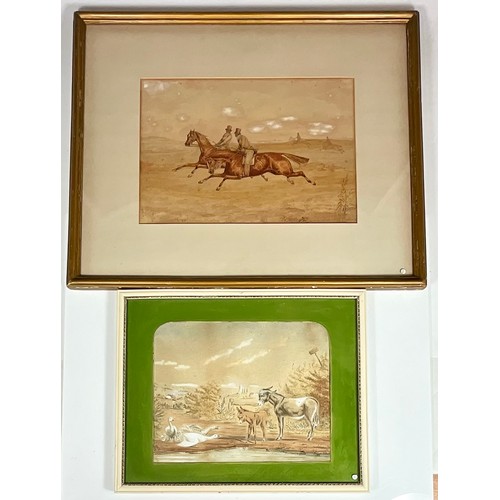 37 - PRIMITIVE WATERCOLOUR, GEESE AND DONKEYS, WHB 1872, APPROX. 29 X 23 cm AND A WATERCOLOUR DEPICTING A... 