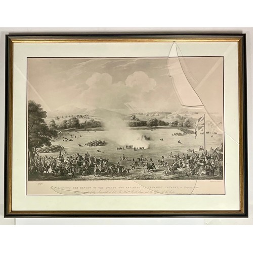 92 - FRAMED MILITARY INTEREST PRINT, REVIEW OF THE QUEEN’S OWN REGIMENT OF YEOMANARY CAVALRY ON KEMPSEY H... 