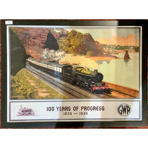 295 - FRAMED MODERN REPRO GWR POSTER 100 YEARS OF PROGRESS WITH A KING ON THE SOUTH DEVON MAIN LINE. APPRO... 