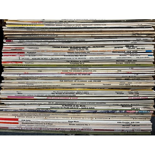 376 - 2 CASES AND A LARGE BOX OF CLASSICAL LP’S T/W 2 CASES 45 RPM SINGLES MOSTLY 60’S POP AND JAZZ