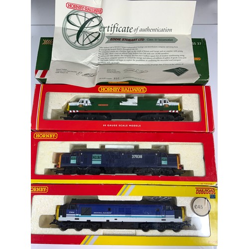 480 - THREE HORNBY CLASS 37 DIESELS, LIMITED EDITION R2128 EDDIE STOBART LIVERY, CERT NUMBER 952/1000, RAI... 