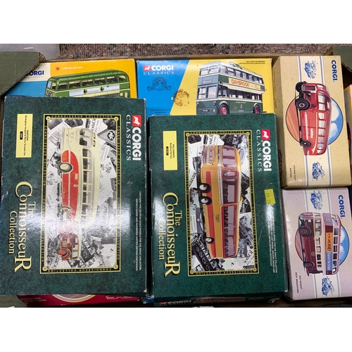 143 - TRAY OF 14 BOXED CORGI BUSSES, CLASSICS, METROBUS, BUSES IN BRITAIN, CONNOISSEUR COLLECTION.