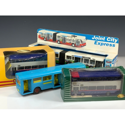 144 - TWO BOXED LARGE SCALE BUS MODELS, CSM MCW, PLUS FRICTION AEC SWIFT IN BLUE & JOINT CITY EXPRESS BEND... 