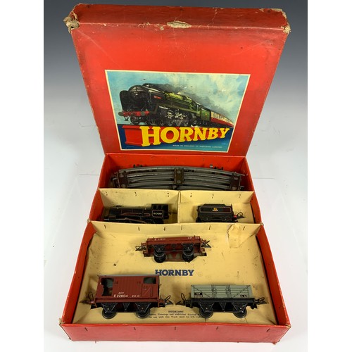 404 - HORNBY BOXED GOODS TRAIN SET NO 50, IN RED BOX, TENDER LOCO 60199, 3 WAGONS  & TRACK, AS SHOWN