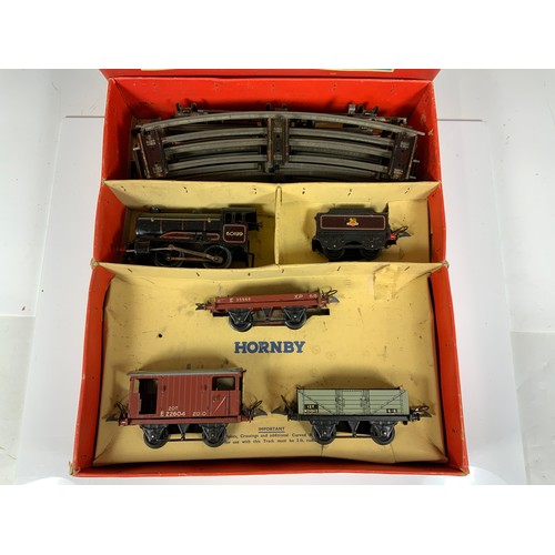 404 - HORNBY BOXED GOODS TRAIN SET NO 50, IN RED BOX, TENDER LOCO 60199, 3 WAGONS  & TRACK, AS SHOWN