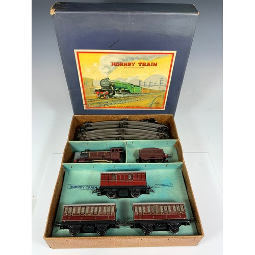 407 - HORNBY 0 GAUGE BOXED NO 501 PASSENGER SET LMS, LOCO 5600, AND 3 X 4 WHEEL COACHES AND TRACK AS SHOWN