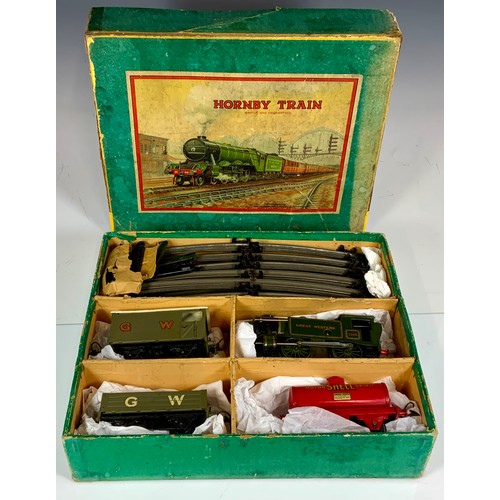 408 - EARLY HORNBY NO 1 TANK GOODS SET, WITH GWR 0-4-0 TANK, 5500, GW BRAKE, SHELL TANKER & GW 4 PLANK WAG... 