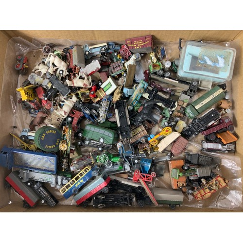 310 - TRAY OF N GAUGE & SIMILAR DIECAST VEHICLES, MODEL RAILWAY ACCESSORIES, ANIMALS, WILDLIFE  ETC.