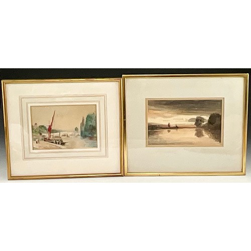 29 - FISHING BOAT WITH RED SAIL BEFORE A BRIDGE WATERCOLOUR SIGNED LASALLE T/W SUNSET OVER A LAKE WATERCO... 