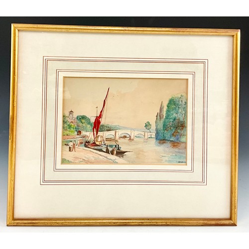 29 - FISHING BOAT WITH RED SAIL BEFORE A BRIDGE WATERCOLOUR SIGNED LASALLE T/W SUNSET OVER A LAKE WATERCO... 