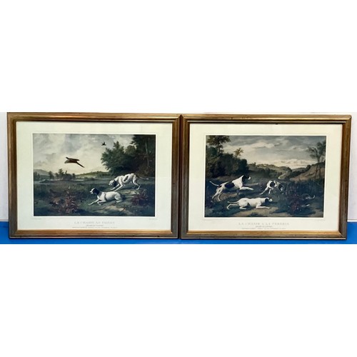 47 - 2 MAURICE BARBOT HUNTING DOG PRINTS, 2 GILT FRAMED COLOURED ENGRAVINGS DEPICTING 18TH CENTURY LADIES... 