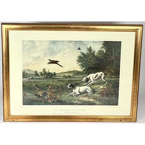 47 - 2 MAURICE BARBOT HUNTING DOG PRINTS, 2 GILT FRAMED COLOURED ENGRAVINGS DEPICTING 18TH CENTURY LADIES... 