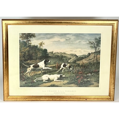 47 - 2 MAURICE BARBOT HUNTING DOG PRINTS, 2 GILT FRAMED COLOURED ENGRAVINGS DEPICTING 18TH CENTURY LADIES... 