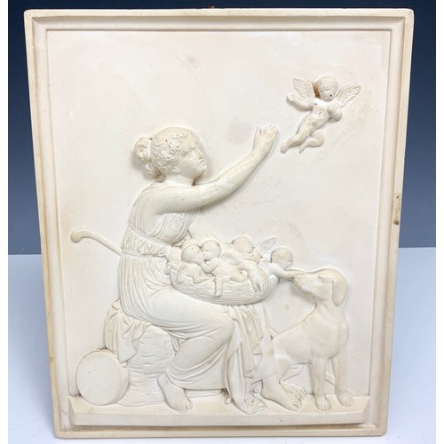 151 - HC BRIX RELIEF DECORATED MAIDEN & CHERUB CERAMIC WALL PLAQUE 27cm x 23cm