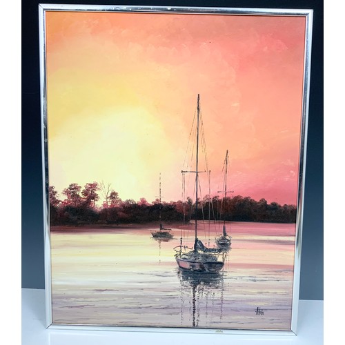 6 - TWO ALAN KING OIL PAINTINGS SUNSET ON THE FAL & SUNSET AT FALMOUTH BOTH 51cm x 40cm. Maybe subject t... 