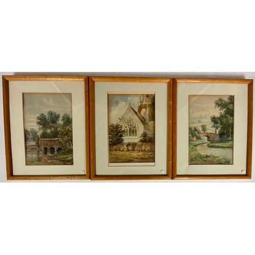 22 - 3 SIMILAR FRAMED WATERCOLOURS, A CHURCH AND 2 RIVER BRIDGES (3)