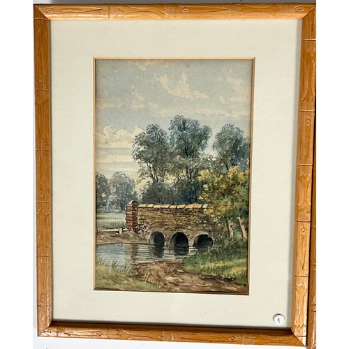 22 - 3 SIMILAR FRAMED WATERCOLOURS, A CHURCH AND 2 RIVER BRIDGES (3)