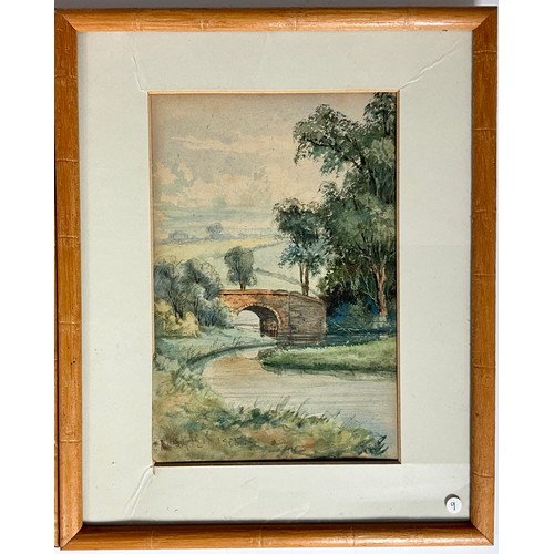 22 - 3 SIMILAR FRAMED WATERCOLOURS, A CHURCH AND 2 RIVER BRIDGES (3)