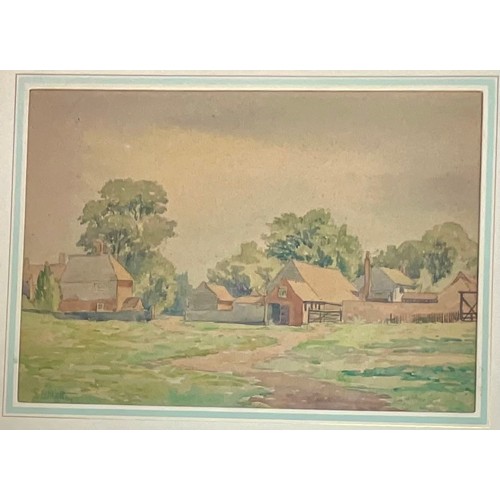 25 - WATERCOLOUR DEPICTING A RURAL ESTATE 34 x 25 cm, MINIATURE PANSY WATERCOLOUR AND NAIVE OIL DEPICTING... 