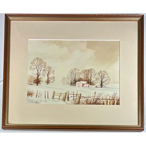 27 - WATERCOLOUR OF RURAL WINTER SCENE WITH HOWE-BENNETT SIGNATURE 35 x 25 cm