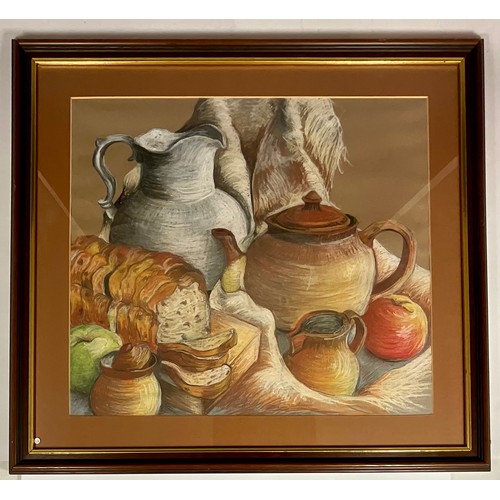 30 - LARGE UNSIGNED STILL LIFE PASTEL, POTS, BREAD AND FRUIT