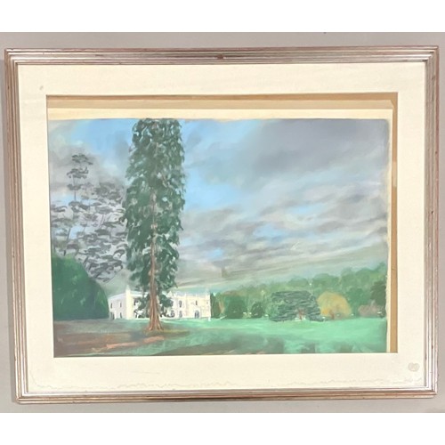 48 - PASTEL DEPICTING A MANOR HOUSE AND GROUNDS. A/F 63 x 46 cm