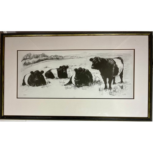 50 - JENNIFER BRERETON LIMITED EDITION PRINT DEPICTING BELTED GALLOWAY CATTLE, 262/ 500, APPROX. 74 X 30 ... 