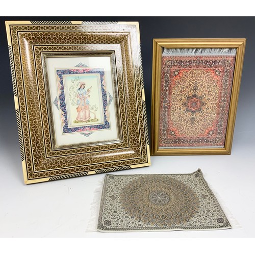 62 - FRAMED AND UNFRAMED MINIATURE SILK CARPETS TOGETHER WITH AN IRANIAN FRAMED PICTURE (3)