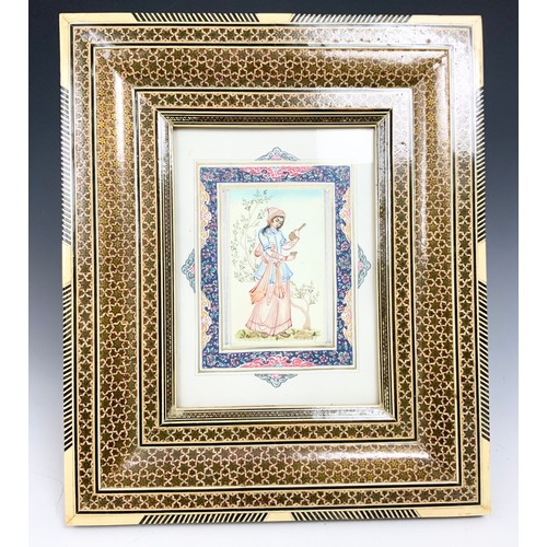 62 - FRAMED AND UNFRAMED MINIATURE SILK CARPETS TOGETHER WITH AN IRANIAN FRAMED PICTURE (3)