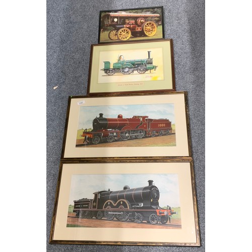 246 - RAILWAY INTEREST, 3 PRINTS, LMS COMPOUND, L&Y 4-4-2 & LSWR TARTAR, & FRAMED SHOWMANS THE IRON MAIDEN