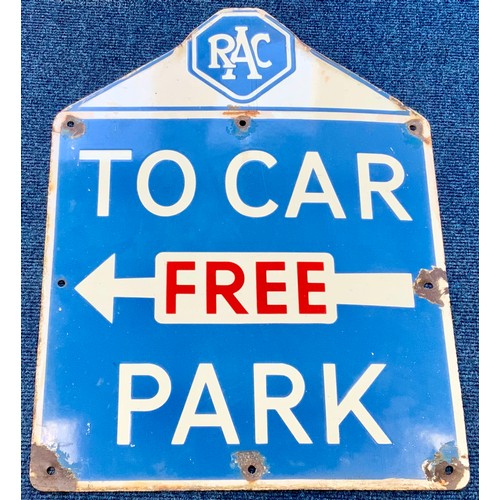 2 - RAC, AN ENAMEL SIGN, TO FREE CAR PARK, WITH ARROW TO THE LEFT, APPROX. 51 CM X 73 CM