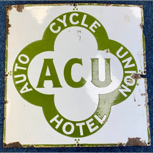 4 - ENAMEL SIGN, ACU, AUTO CYCLE UNION HOTEL, GREEN ON WHITE, APPROX. 51 CM X 51 CM