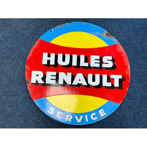 7 - DOUBLE SIDED FRENCH ENAMEL ADVERTISING SIGN, A RARE HUILES RENAULT SERVICE SIGN. APPROX. 65 CM IN DI... 