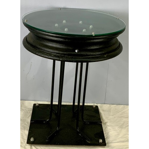 14 - VINTAGE PRE WAR AUSTIN SANKEY WHEEL, CONVERTED TO A GLASS TOPPED TABLE