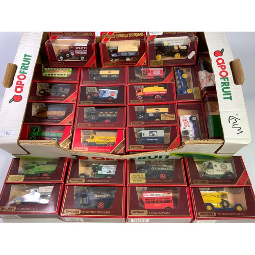 102 - 27 RED BOXED MODLES OF YESTERYEAR, LORRIES, VANS, CARS ETC