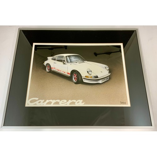 12 - A FRAMED & GLAZED ORIGINAL  ILLUSTRATION OF 1973 PORSHE 911 CARERRA RS REG PPN181M BY ROGER GOOGE.