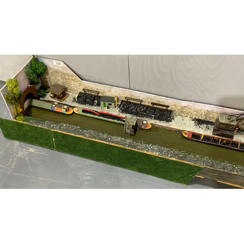 294 - SUPER CANAL SIDE DIORAMA, APPROX. 190 CM LONG, 20 CM WIDE, 5 NARROW BOATS, LOCK & COAL YARD